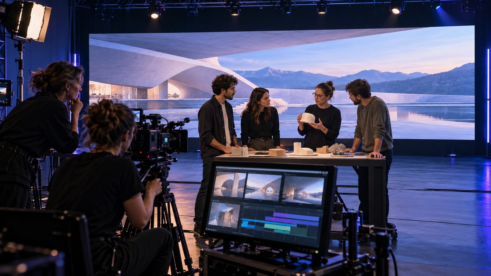 Alumnado presentando sus proyectos en un plató LED plano con producción audiovisual e IA · concepto IA